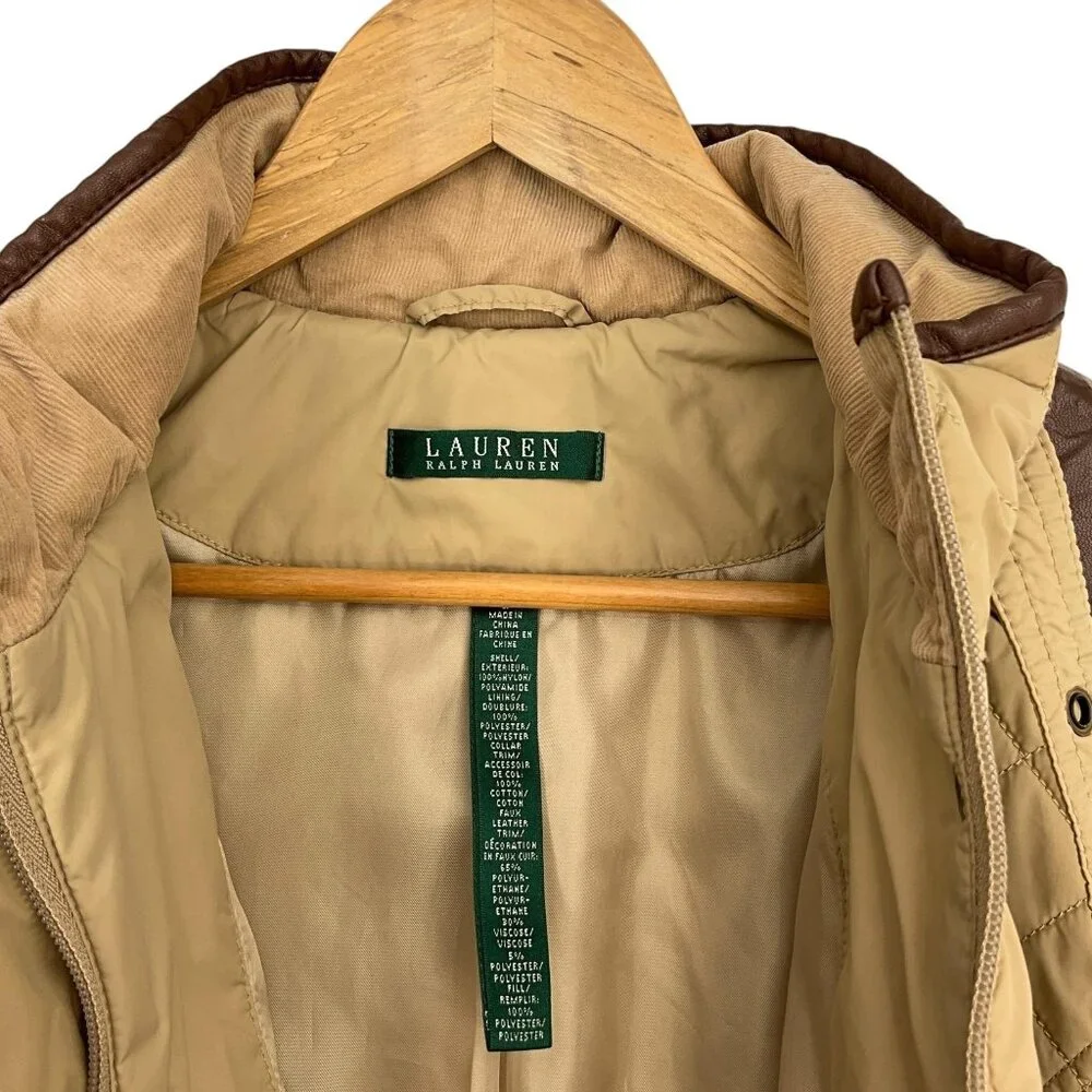 Ralph Lauren Diamond Quilted Barn Jacket Womens L Faux Leather Trim Birch Tan - Picture 12 of 16